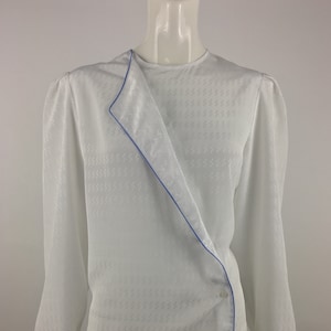 1980&#39;s Steven Barry White Blouse w Blue Piping|Minimalist Blouse|Work Blouse|Professional Blouse|Church Blouse|Casual Blouse|Size 12