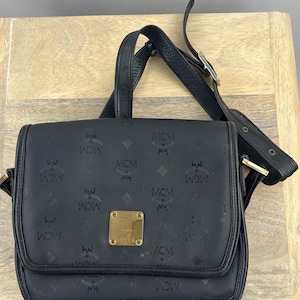 90&#39;s Authentic Black MCM Purse w Embossed Logo|Luxury Brand Handbag|Black Cross Body Bag|Monogrammed Shoulder Bag|Black Leather Purse