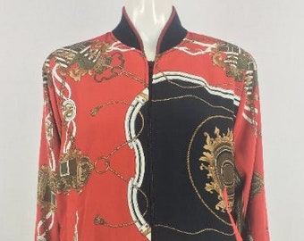 90's Janan Studio Burnt Orange & Black Baroque Bomber Jacket|90's Baroque Jacket|Jacquard Baseball Jacket|Damask Jacket|90's Windbreaker|S