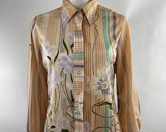 Lucky Winner Tan Striped & Floral Print Blouse w Butterfly Collar|Funky Mixed Print Entertaining Blouse|Hostess Blouse|Disco Blouse|L