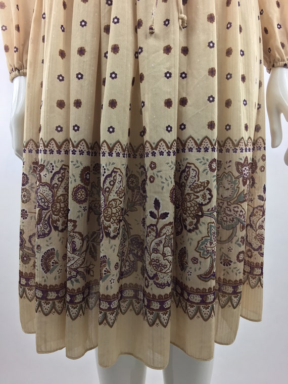 1980's Tan Floral  Dress|Semi-Sheer Dress|Beige F… - image 9