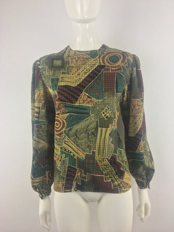 80's Robbie Sport Green Abstract Blouse|Librarian… - image 3