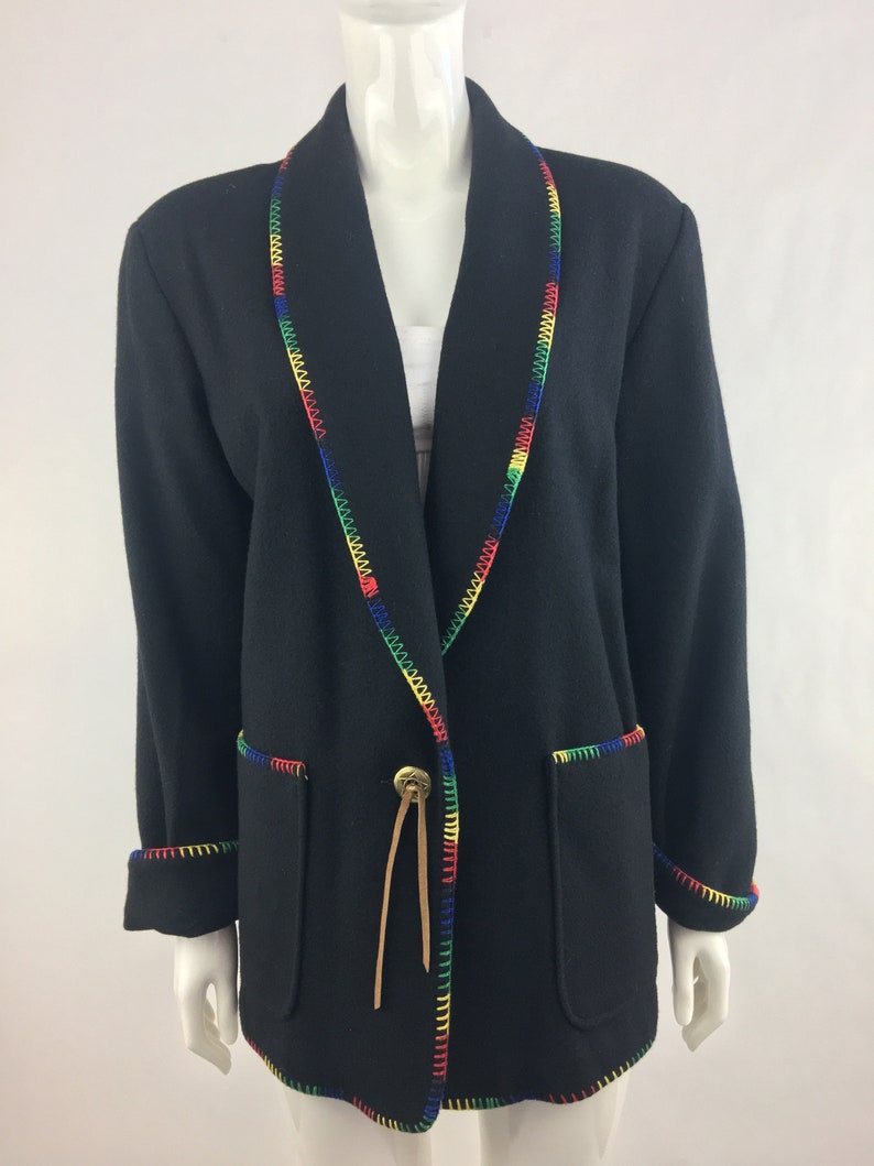 Concho and Fringe|Country /& Western Blazer|Black Wool Blend Blazer|Size Medium 1980/'s Black Southwestern Blazer w Colorful Trim