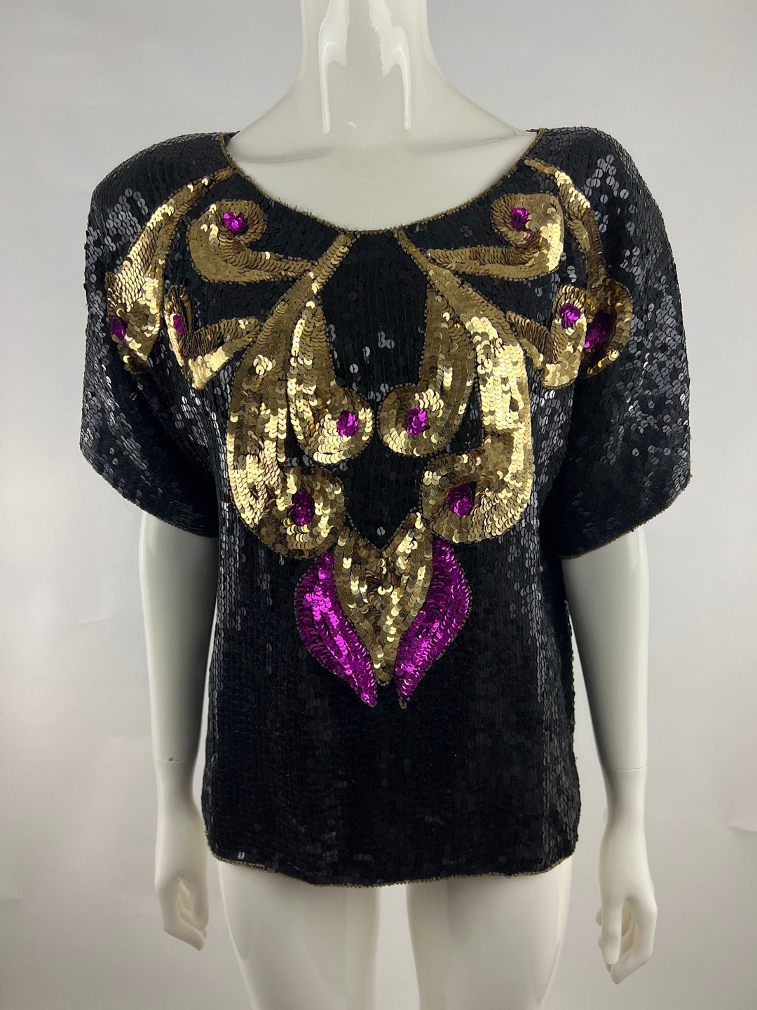 Vintage 80s Boxy Oversized Sequin Blouse Black 14 16
