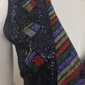 1980's Creazioni Effeci Black Sequined Vest w Colorful DesignBeaded & Sequined Vest80's Glam VestHoliday VestFestive Party VestSize SM image 5