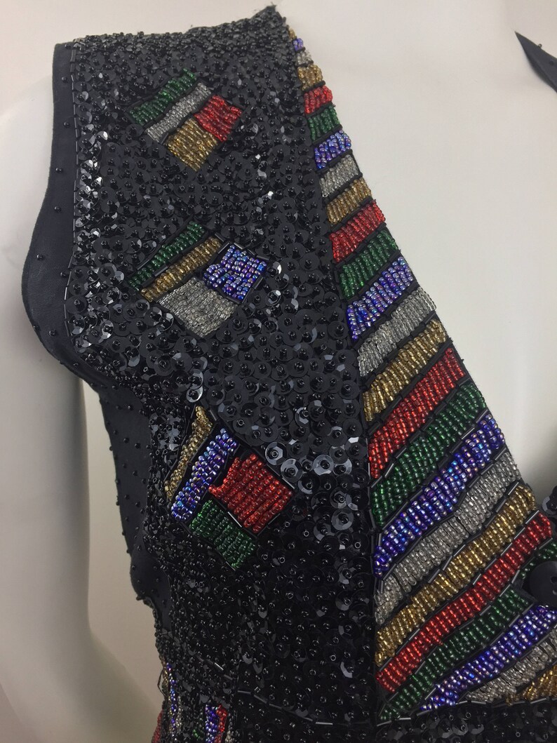 1980's Creazioni Effeci Black Sequined Vest w Colorful DesignBeaded & Sequined Vest80's Glam VestHoliday VestFestive Party VestSize SM image 5