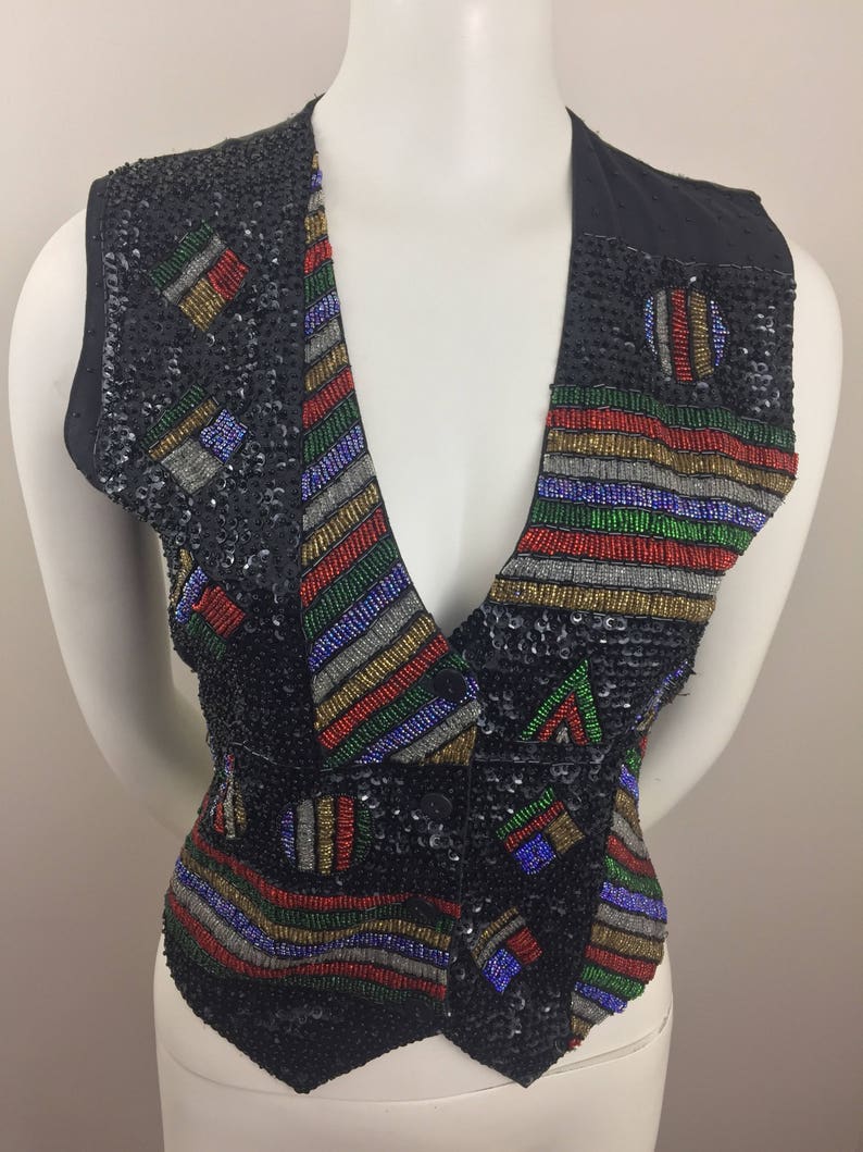 1980's Creazioni Effeci Black Sequined Vest w Colorful DesignBeaded & Sequined Vest80's Glam VestHoliday VestFestive Party VestSize SM image 7