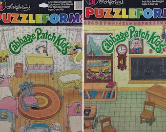Juego de rompecabezas Cabbage Patch Kids Colorforms de 1983, estilo guardería, aula, escuela, 30 piezas, juguete coleccionable de los años 80, lote de 2