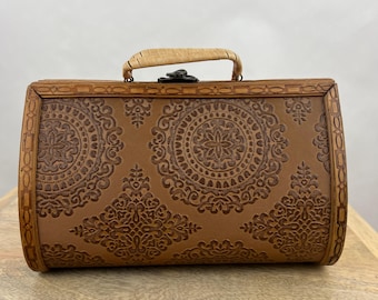 Vintage Mexican Tooled Wooden Box Purse with Top Handle