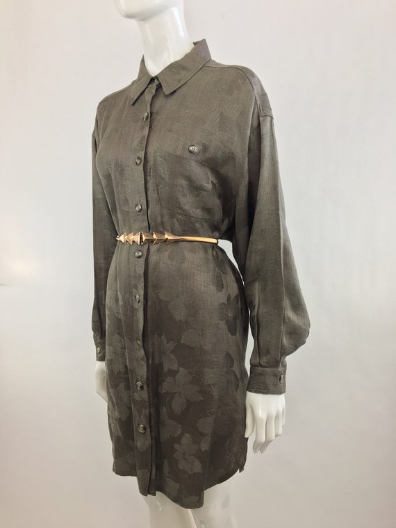 1990's Anne Klein Olive Green Shirt Dress|Floral … - image 5