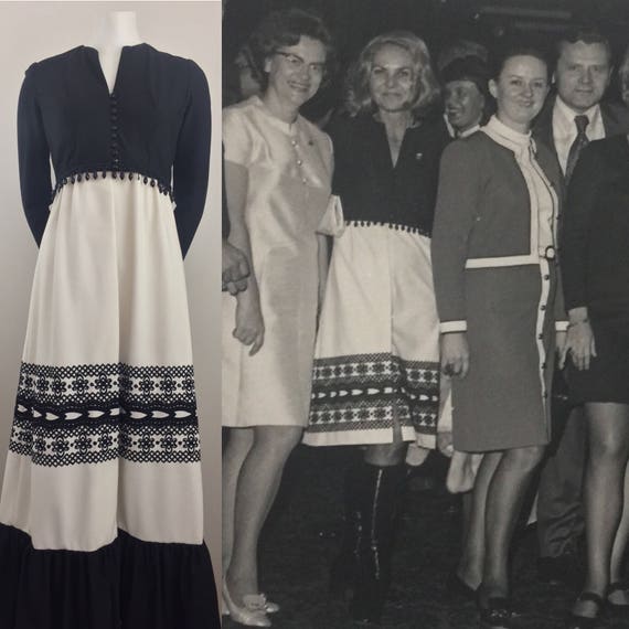 Vintage 60s 70s Handmade Maxi Dress Black Cream Embroidered Trim