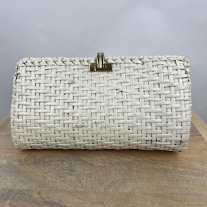 60&#39;s Rodo White Wicker Clutch w Gold Clasp|White Italian-Made Handbag|Vintage MCM Woven Straw Purse|Woven Raffia Clutch