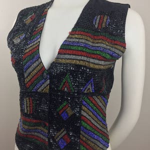 1980's Creazioni Effeci Black Sequined Vest w Colorful DesignBeaded & Sequined Vest80's Glam VestHoliday VestFestive Party VestSize SM image 3