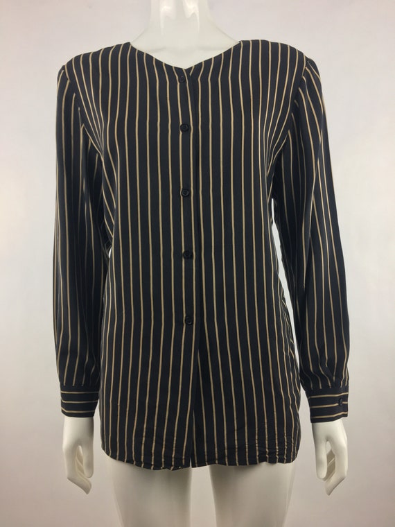 1980's Neiman-Marcus Black & Beige Striped Blouse|