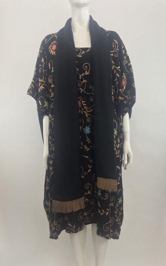 1980's Passports Black Floral Poncho w Attached Sc
