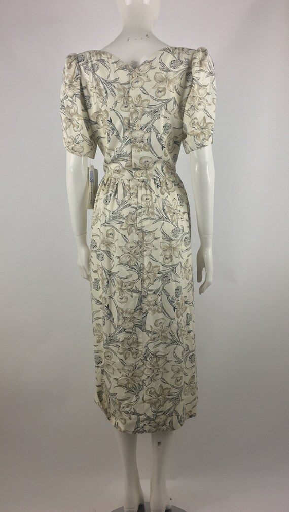 1980's Accentuette Ivory Midi Dress w Black Flora… - image 8