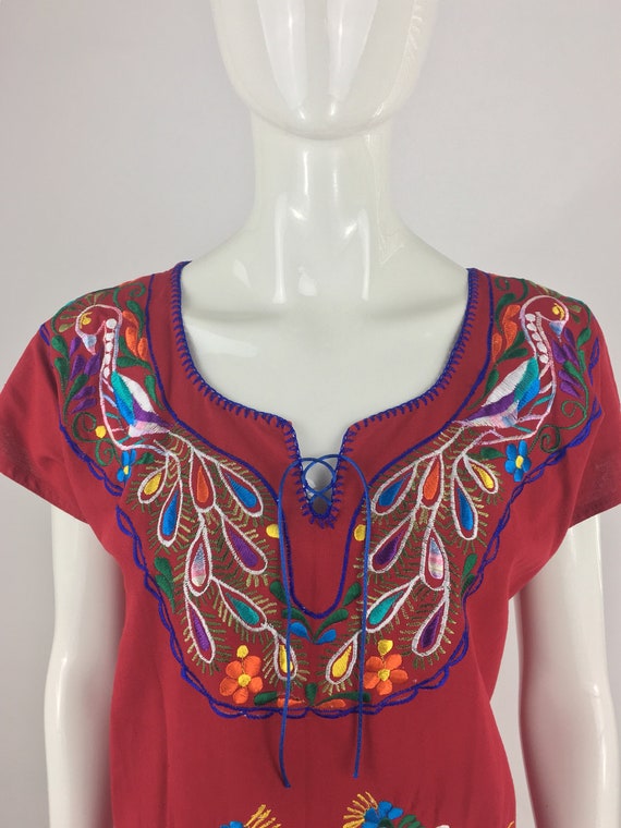 1990's Red Peasant Top w Colorful Floral Embroide… - image 5