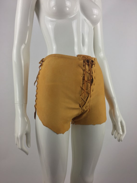 1970's Tan Leather Shorts|Lace Up Leather Hippy S… - image 5