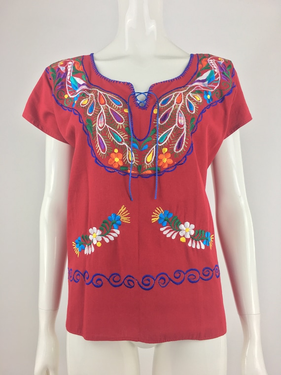 1990's Red Peasant Top w Colorful Floral Embroide… - image 1