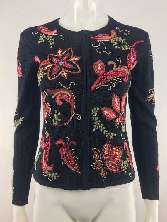 90's Talbots Embroidered Black Floral Cardigan|Dar