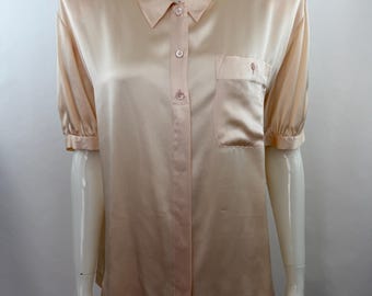 ヴィンテージ NWT Liz Claiborne シルクブラウス シャンパンピーチ 半袖 ボタンダウン トップス Spiegel デッドストック 取り外し可能な肩パッド付き レディース L 12