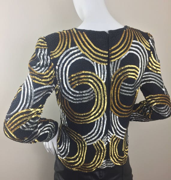 1980's Joan Leslie Studio Black Top w Gold & Silv… - image 10