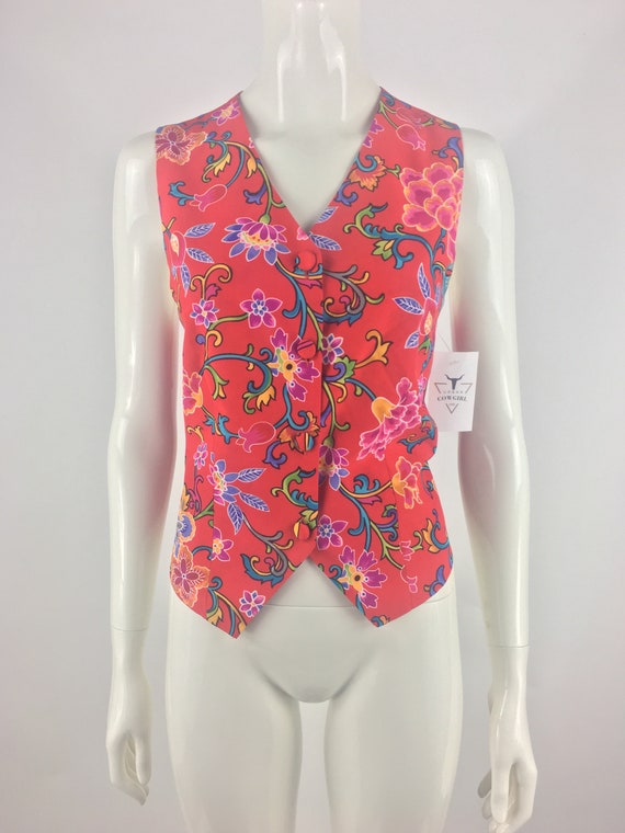 1990's Casual Corner Vibrant Silk Floral Vest|Red 