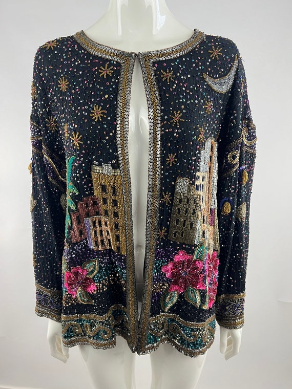 80s Colorful City Scape Black Beaded & Sequined J… - image 4