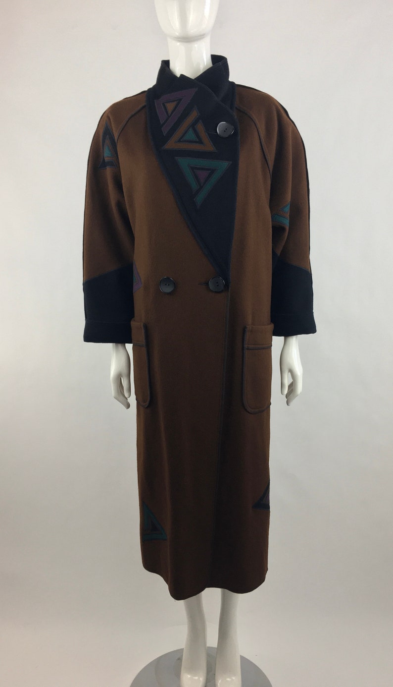 1980's Marylou Ozbolt Storer Fibre Arts Seattle Brown Coat w Colorful Abstract AppliquesWearable ArtWool JacketOversized CoatSize Small image 5