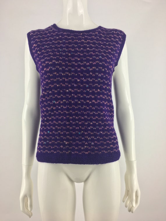 1990's Purple Hand Knitted Sweater Vest w Pink Ho… - image 1