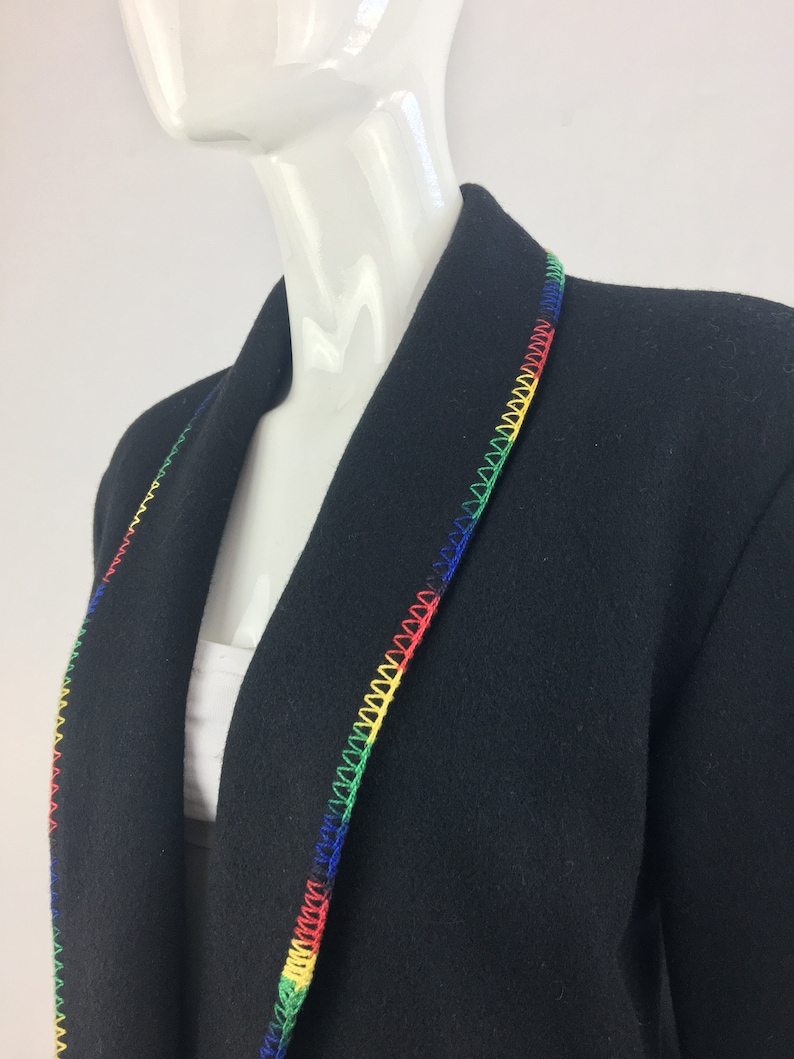 Concho and Fringe|Country /& Western Blazer|Black Wool Blend Blazer|Size Medium 1980/'s Black Southwestern Blazer w Colorful Trim