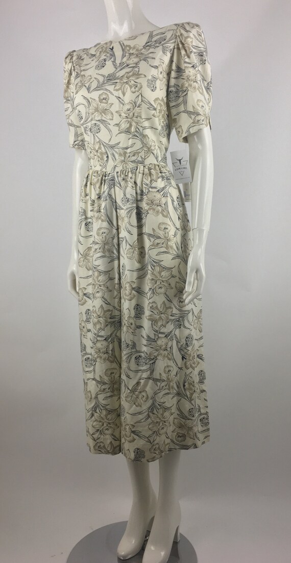 1980's Accentuette Ivory Midi Dress w Black Flora… - image 7