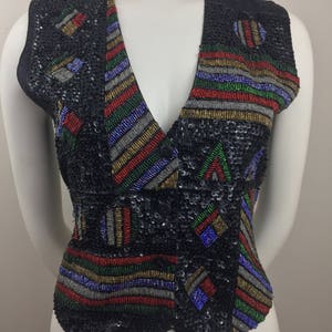 1980's Creazioni Effeci Black Sequined Vest w Colorful DesignBeaded & Sequined Vest80's Glam VestHoliday VestFestive Party VestSize SM image 6