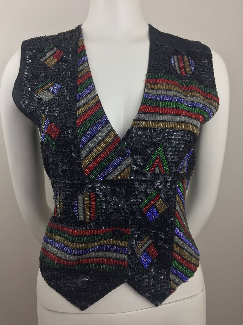 1980's Creazioni Effeci Black Sequined Vest w Colorful DesignBeaded & Sequined Vest80's Glam VestHoliday VestFestive Party VestSize SM image 6