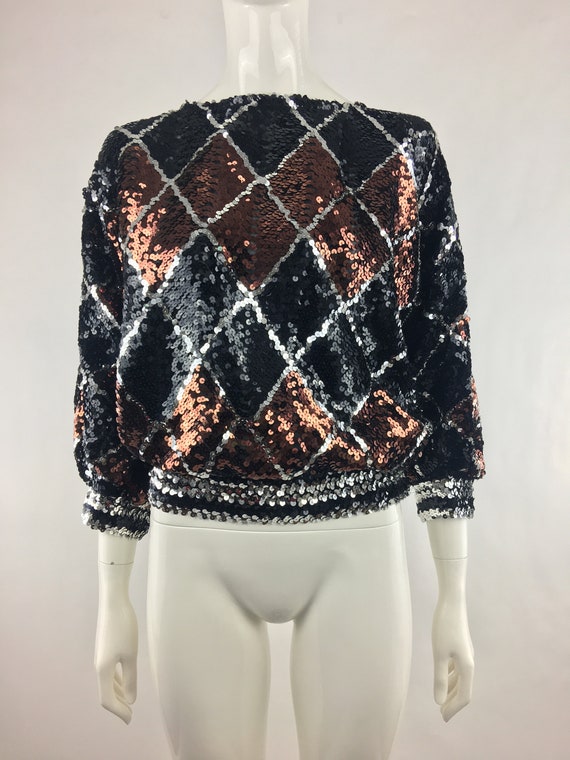 1980's Black Sequin Harlequin Blouse|Black & Meta… - image 2