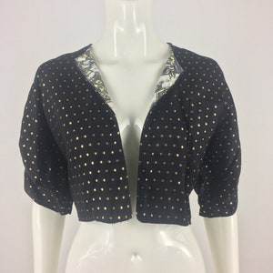 Chaqueta recortada negra de la década de 1980 con lunares dorados metálicos/Blazer recortado de lunares/Chaqueta Minnie Mouse/Tamaño mediano
