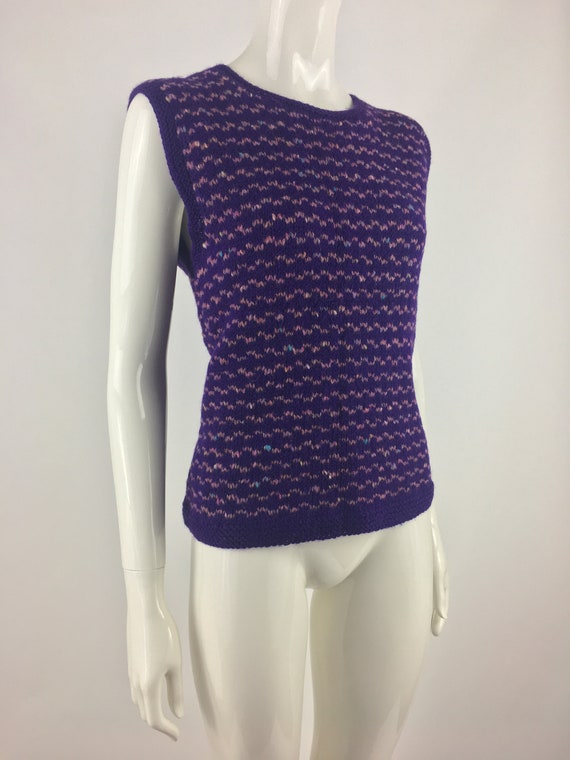 1990's Purple Hand Knitted Sweater Vest w Pink Ho… - image 7