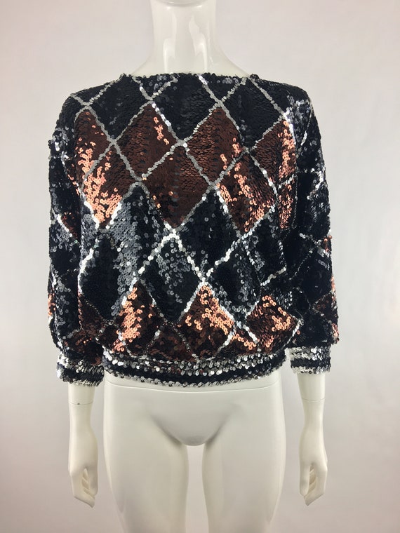 1980's Black Sequin Harlequin Blouse|Black & Meta… - image 6