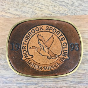 1993 Northbrook Sports Club Hainesville IL Belt Buckle|Engraved Brown Leather and Metal Belt Buckle|Vintage Belt Buckle