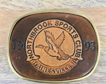 1993 Northbrook Sports Club Hainesville IL Belt Buckle|Engraved Brown Leather and Metal Belt Buckle|Vintage Belt Buckle