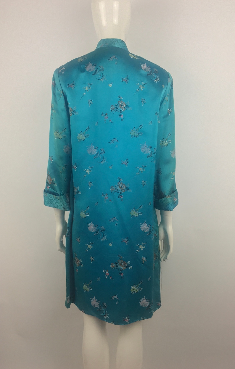 1960/'s Peony Teal Green Cheongsam Duster|Embroidered Qipao Jacket|Asian Jacket w Floral Print|34 Length Green Floral Jacket|Size L