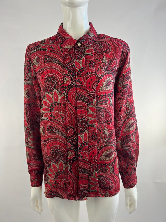 1980s Alfred Dunner Red Paisley Librarian Blouse|S