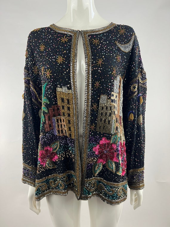 80s Colorful City Scape Black Beaded & Sequined J… - image 5