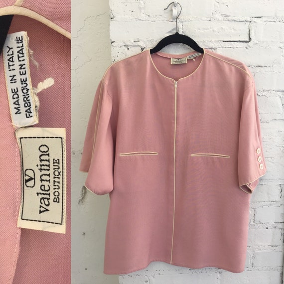 Valentino Boutique / Miss V, Retro 70s Valentino Boutique Dusty Rose Pink Wool Zip Front Top Contrast Trim Mod Short Sleeve Tunic Jacket Made in Italy Designer Womens M