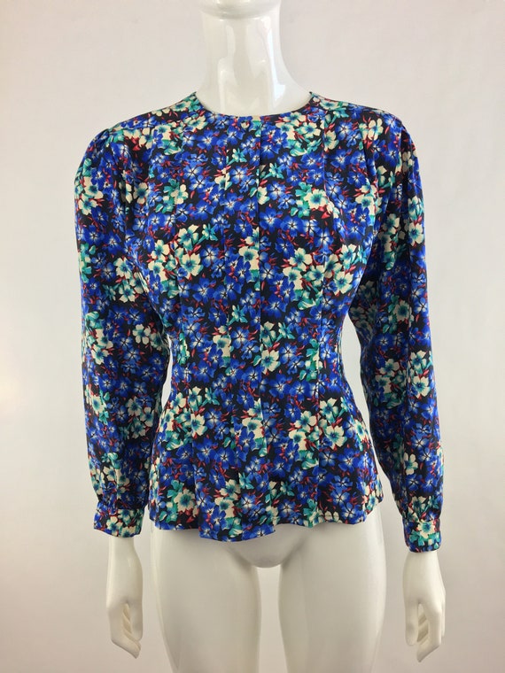 80's Worthington Dark Blue Floral Blouse|Navy Blue