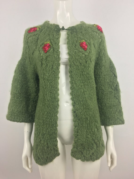 1960's Green Mohair Cardigan Sweater w Embroidered