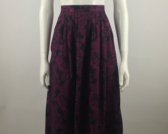 1980's Benton & Smith for Sears Magenta Pink Midi Skirt w Black Floral Print|Dark Floral Skirt|Work Skirt|Church Skirt|Casual Skirt|Size 6