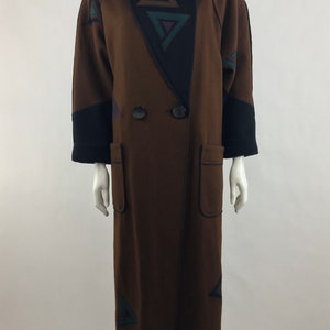 1980's Marylou Ozbolt Storer Fibre Arts Seattle Brown Coat w Colorful Abstract AppliquesWearable ArtWool JacketOversized CoatSize Small image 3