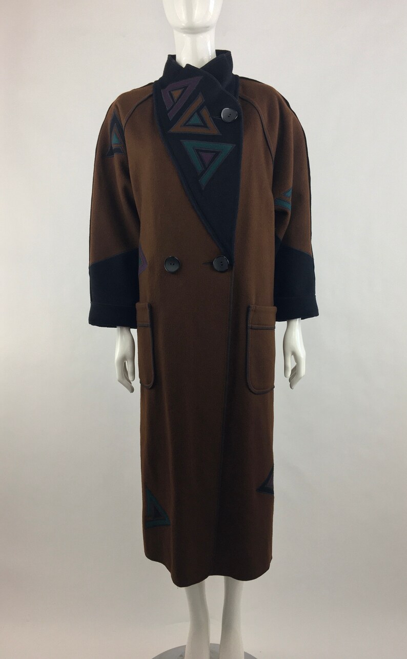 1980's Marylou Ozbolt Storer Fibre Arts Seattle Brown Coat w Colorful Abstract AppliquesWearable ArtWool JacketOversized CoatSize Small image 3