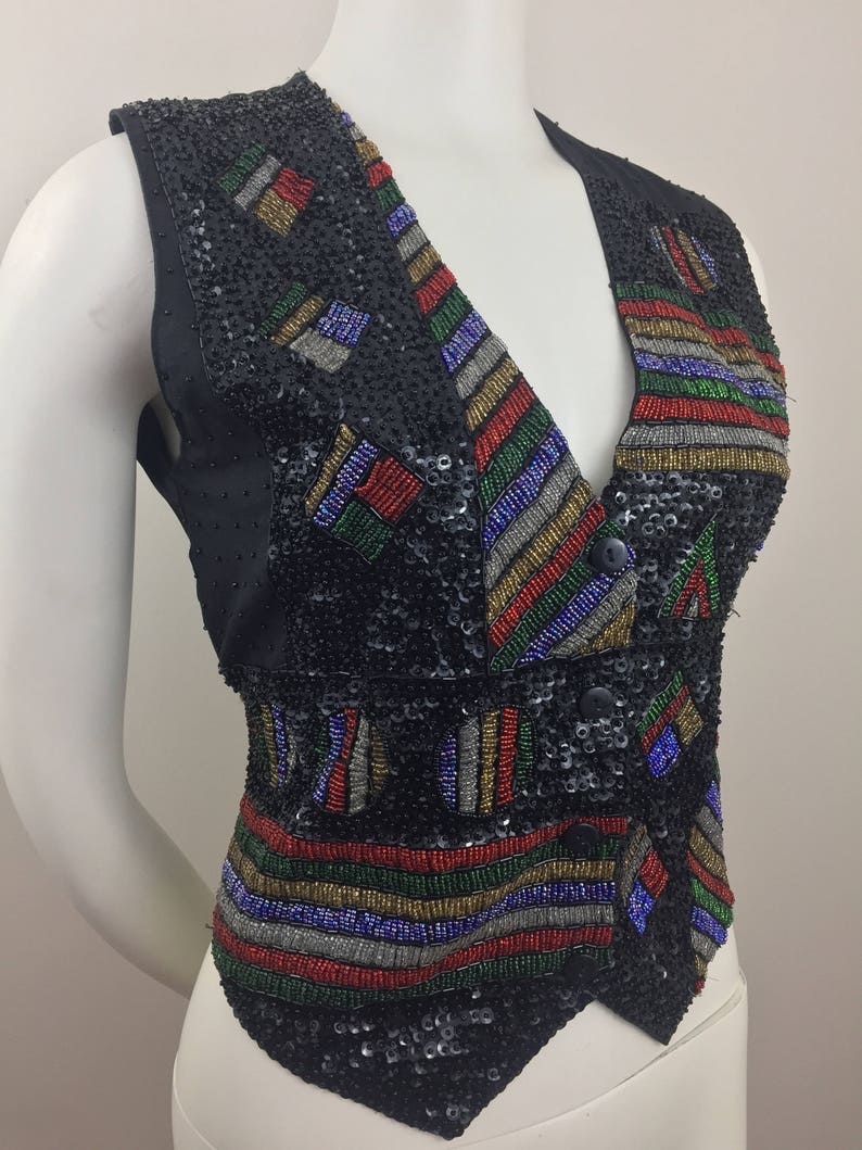 1980's Creazioni Effeci Black Sequined Vest w Colorful DesignBeaded & Sequined Vest80's Glam VestHoliday VestFestive Party VestSize SM image 1